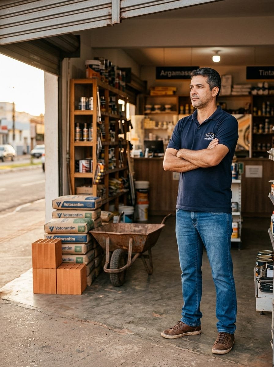 Dono de loja de material de construção em frente à sua loja